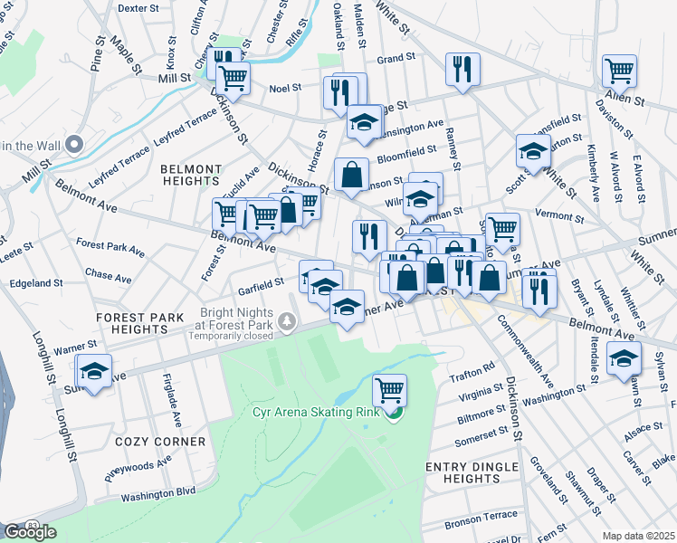 map of restaurants, bars, coffee shops, grocery stores, and more near 406-408 Belmont Avenue in Springfield