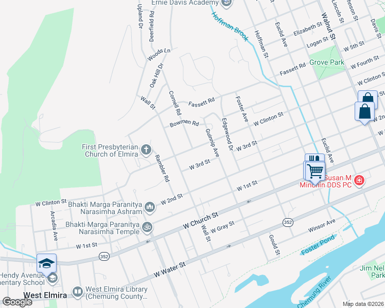 map of restaurants, bars, coffee shops, grocery stores, and more near 917 W Clinton St in Elmira