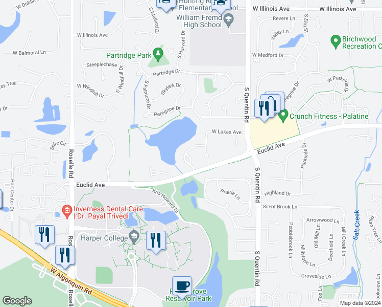 map of restaurants, bars, coffee shops, grocery stores, and more near 1273 South Falcon Drive in Palatine