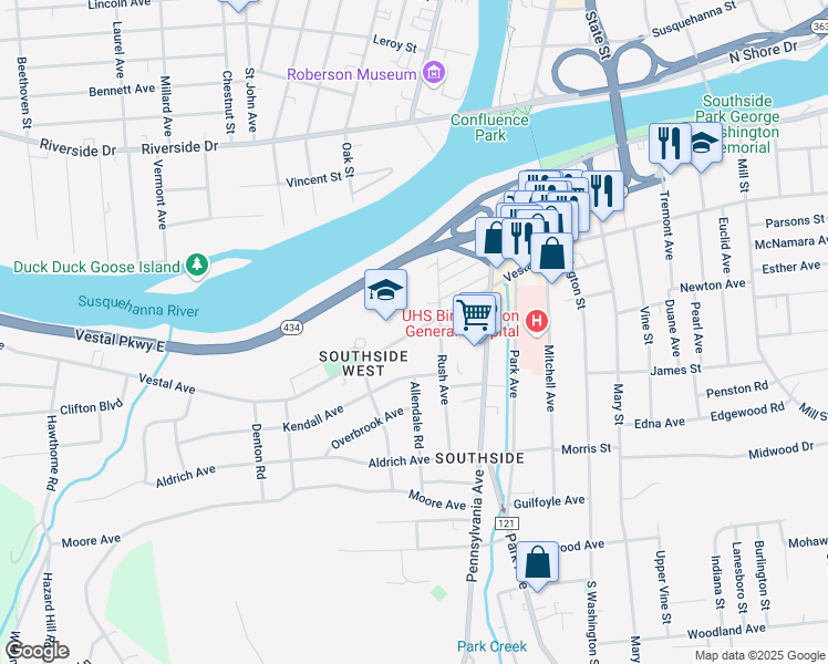 map of restaurants, bars, coffee shops, grocery stores, and more near 1123 Vestal Avenue in Binghamton