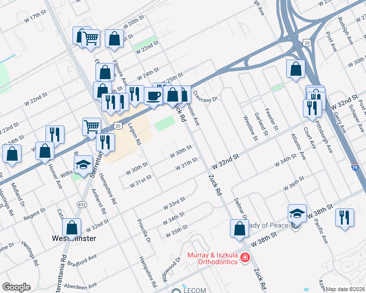 map of restaurants, bars, coffee shops, grocery stores, and more near 2911 Cheryl Ct in Erie