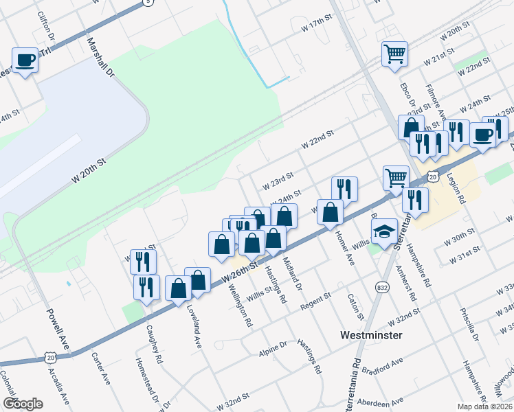 map of restaurants, bars, coffee shops, grocery stores, and more near 2314 Midland Drive in Erie