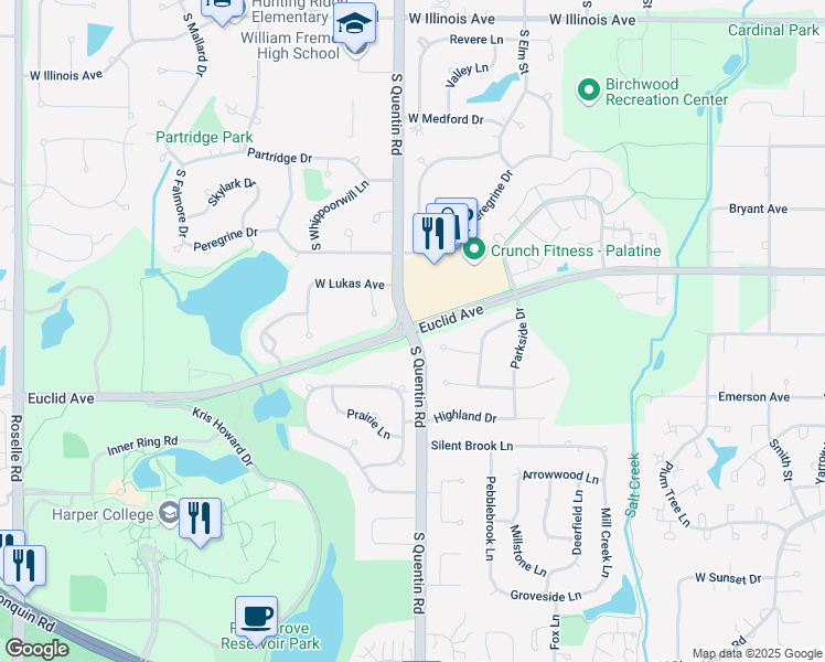 map of restaurants, bars, coffee shops, grocery stores, and more near Euclid Ave & S Quentin Rd in Palatine