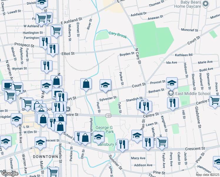 map of restaurants, bars, coffee shops, grocery stores, and more near 264 Court Street in Brockton