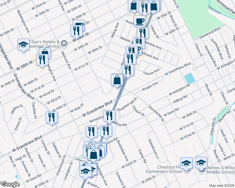 map of restaurants, bars, coffee shops, grocery stores, and more near 4525 Harding Drive in Erie