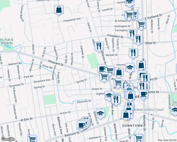 map of restaurants, bars, coffee shops, grocery stores, and more near 231 Pleasant Street in Brockton