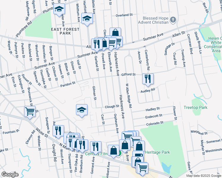 map of restaurants, bars, coffee shops, grocery stores, and more near 153 Ellsworth Avenue in Springfield