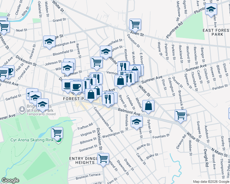 map of restaurants, bars, coffee shops, grocery stores, and more near 685 Sumner Avenue in Springfield