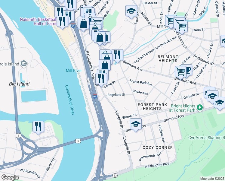 map of restaurants, bars, coffee shops, grocery stores, and more near 27 Coomes Street in Springfield