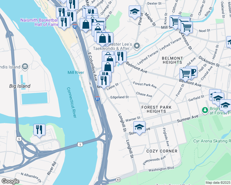 map of restaurants, bars, coffee shops, grocery stores, and more near 27 Coomes Street in Springfield