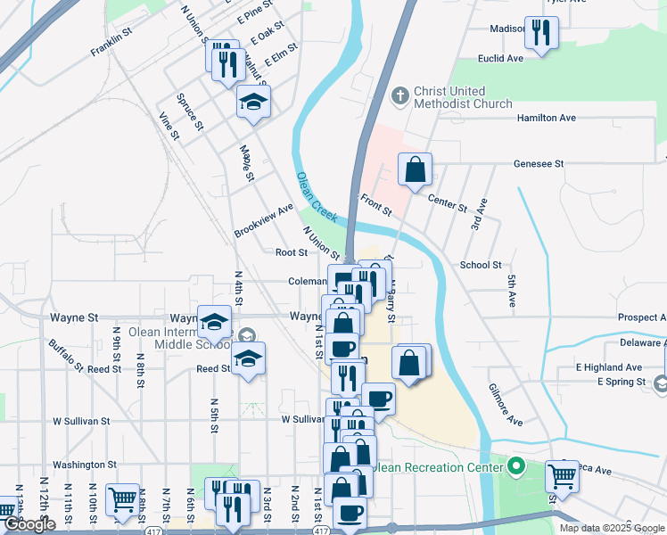 map of restaurants, bars, coffee shops, grocery stores, and more near 607 North Union Street in Olean