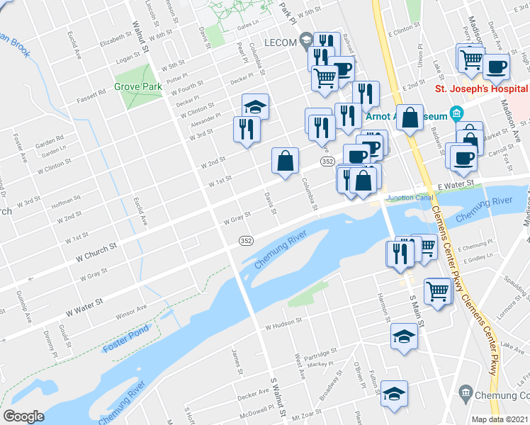 map of restaurants, bars, coffee shops, grocery stores, and more near 114 Davis Street in Elmira
