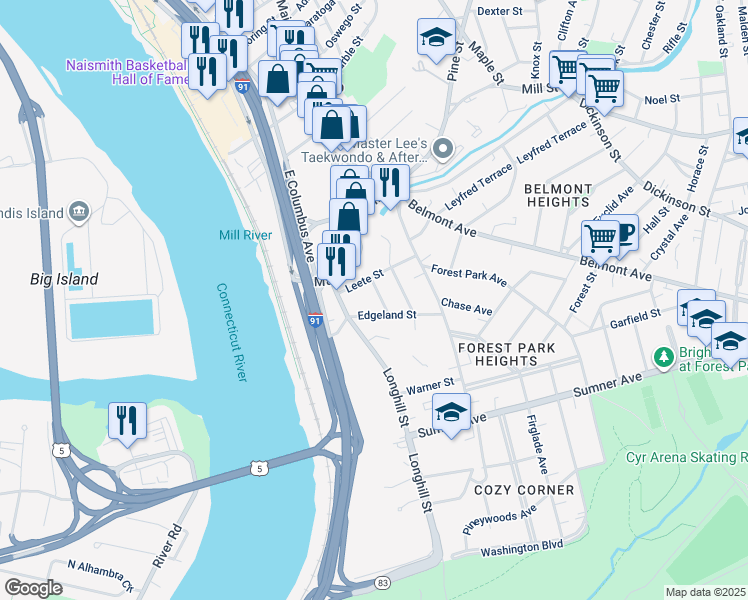 map of restaurants, bars, coffee shops, grocery stores, and more near 24 Coomes Street in Springfield