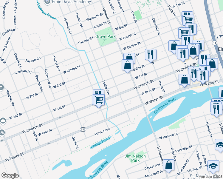map of restaurants, bars, coffee shops, grocery stores, and more near 611 West 1st Street in Elmira