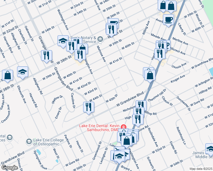 map of restaurants, bars, coffee shops, grocery stores, and more near 1435 West 43rd Street in Erie