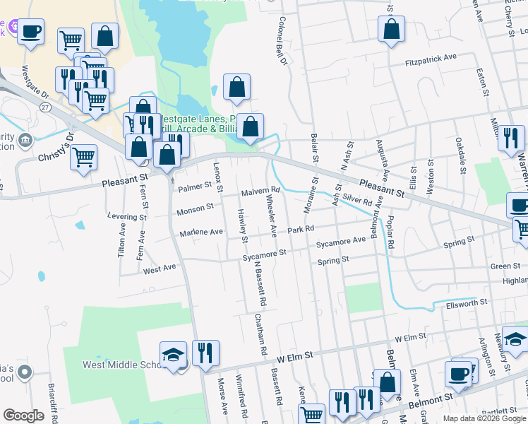 map of restaurants, bars, coffee shops, grocery stores, and more near 69 Wheeler Avenue in Brockton