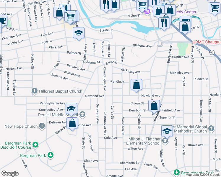 map of restaurants, bars, coffee shops, grocery stores, and more near 74 Colfax Street in Jamestown