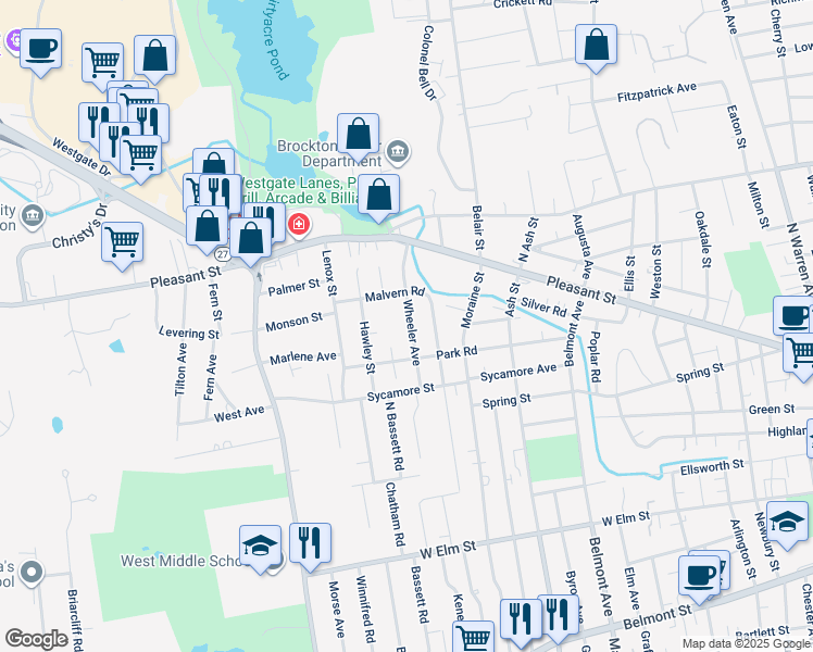 map of restaurants, bars, coffee shops, grocery stores, and more near 69 Wheeler Avenue in Brockton