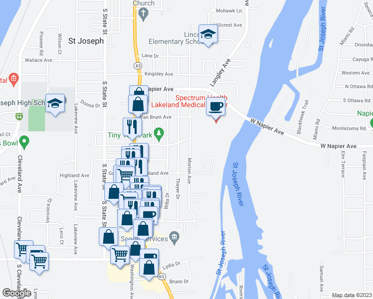 map of restaurants, bars, coffee shops, grocery stores, and more near 2700 Morton Avenue in St. Joseph