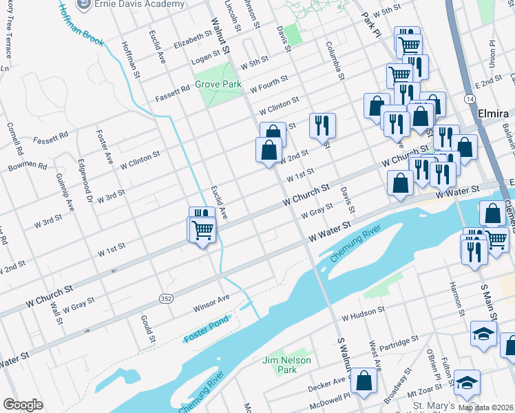 map of restaurants, bars, coffee shops, grocery stores, and more near 526 West Church Street in Elmira