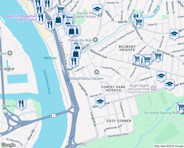 map of restaurants, bars, coffee shops, grocery stores, and more near 41-43 Longview Street in Springfield