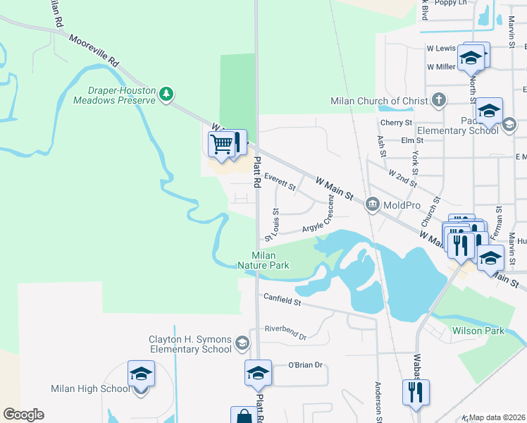 map of restaurants, bars, coffee shops, grocery stores, and more near 165 South Platt Road in Milan
