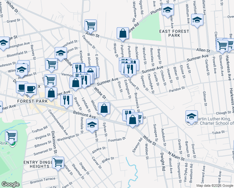 map of restaurants, bars, coffee shops, grocery stores, and more near 49 Trinity Terrace in Springfield