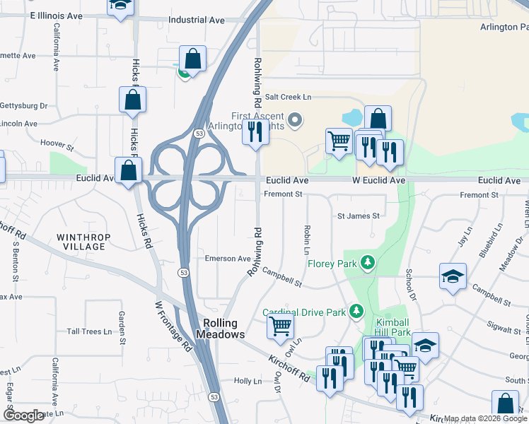 map of restaurants, bars, coffee shops, grocery stores, and more near 2106 Rohlwing Road in Rolling Meadows