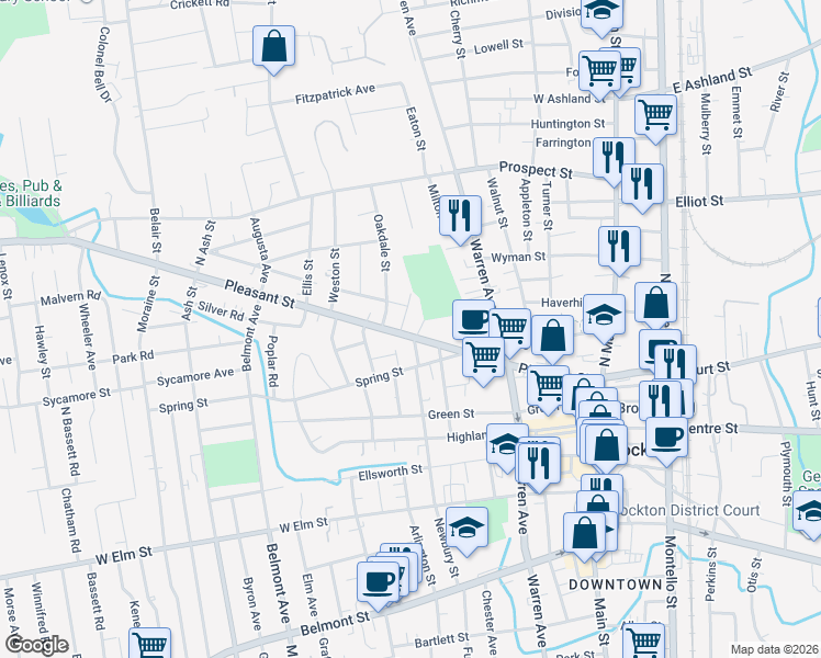 map of restaurants, bars, coffee shops, grocery stores, and more near 231 Pleasant Street in Brockton