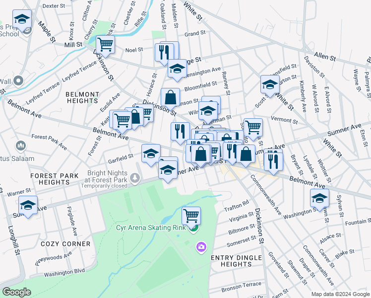 map of restaurants, bars, coffee shops, grocery stores, and more near 461 Belmont Avenue in Springfield