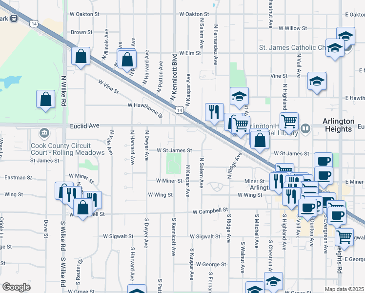 map of restaurants, bars, coffee shops, grocery stores, and more near 912 West Saint James Street in Arlington Heights