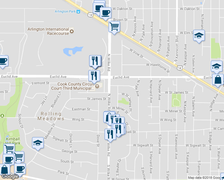 map of restaurants, bars, coffee shops, grocery stores, and more near 411 North Wilke Road in Arlington Heights