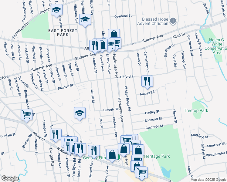 map of restaurants, bars, coffee shops, grocery stores, and more near 153 Ellsworth Avenue in Springfield