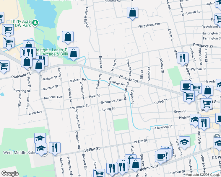 map of restaurants, bars, coffee shops, grocery stores, and more near 46 North Ash Street in Brockton
