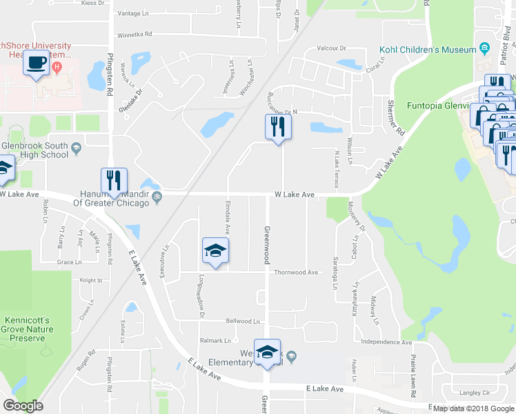 map of restaurants, bars, coffee shops, grocery stores, and more near 1758 Greenwood Road in Glenview