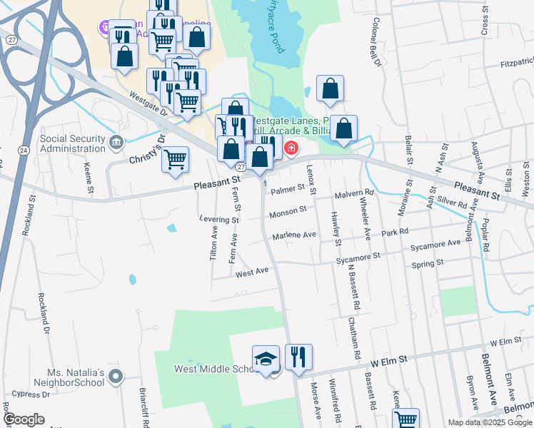 map of restaurants, bars, coffee shops, grocery stores, and more near 54 West Street in Brockton