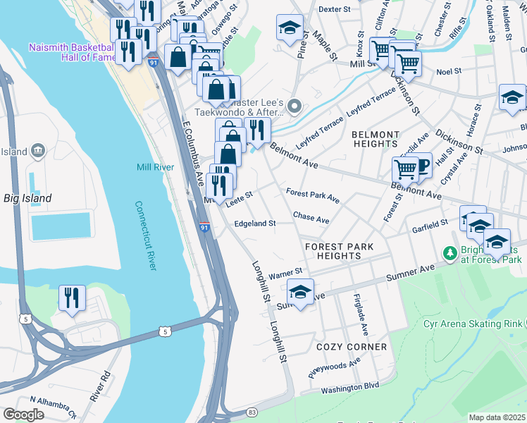 map of restaurants, bars, coffee shops, grocery stores, and more near 27 Coomes Street in Springfield