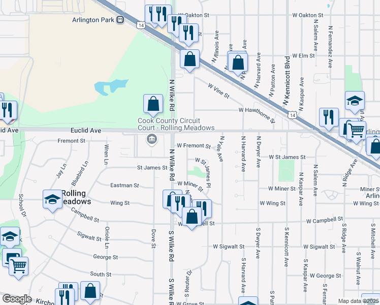 map of restaurants, bars, coffee shops, grocery stores, and more near 409 North Reuter Drive in Arlington Heights