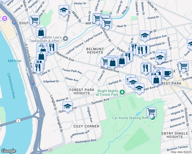 map of restaurants, bars, coffee shops, grocery stores, and more near 21 Mountainview Street in Springfield