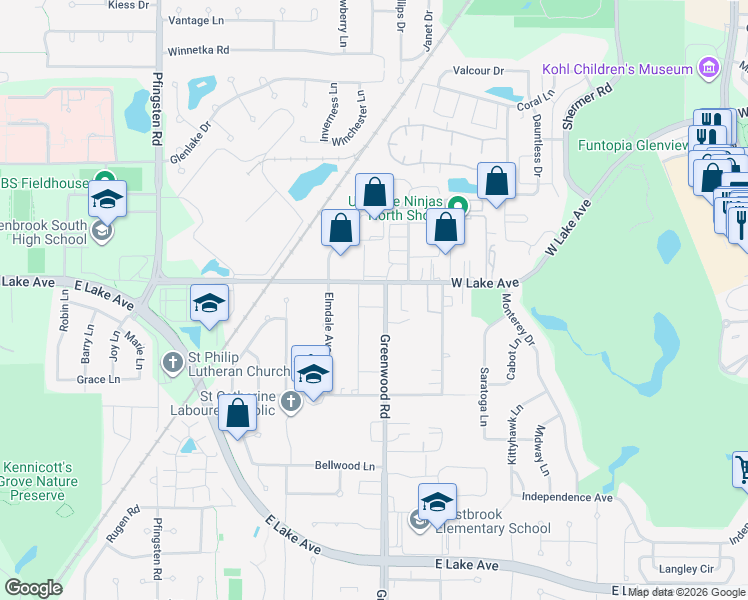 map of restaurants, bars, coffee shops, grocery stores, and more near 1758 Greenwood Road in Glenview