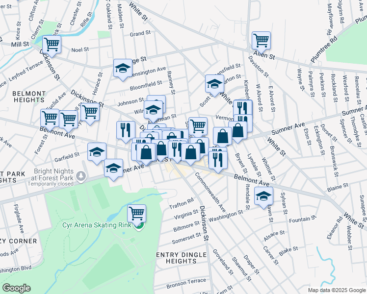 map of restaurants, bars, coffee shops, grocery stores, and more near 73 Ventura Street in Springfield