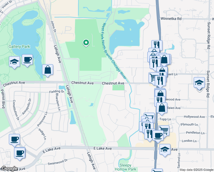 map of restaurants, bars, coffee shops, grocery stores, and more near 1879 Chestnut Avenue in Glenview