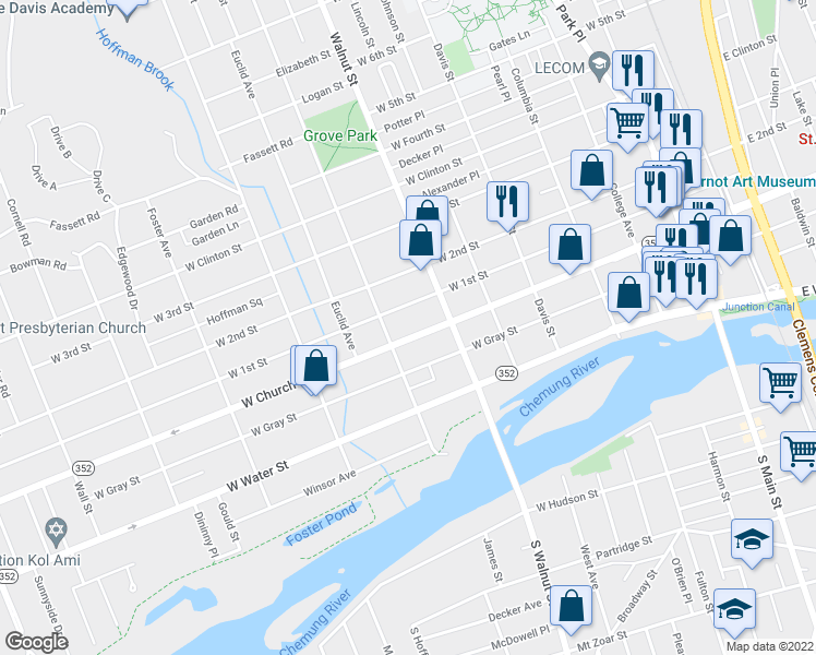 map of restaurants, bars, coffee shops, grocery stores, and more near 524 West Church Street in Elmira