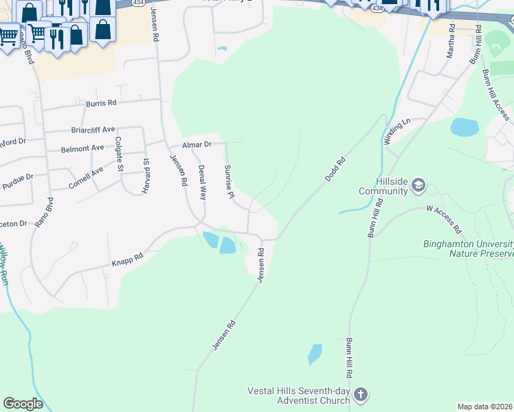 map of restaurants, bars, coffee shops, grocery stores, and more near 141 Sunrise Place in Vestal