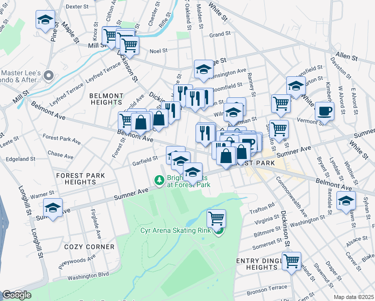 map of restaurants, bars, coffee shops, grocery stores, and more near 406 Belmont Avenue in Springfield