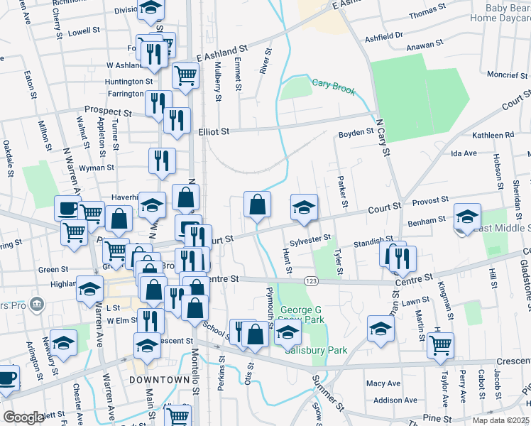 map of restaurants, bars, coffee shops, grocery stores, and more near 22 Peckham Avenue in Brockton