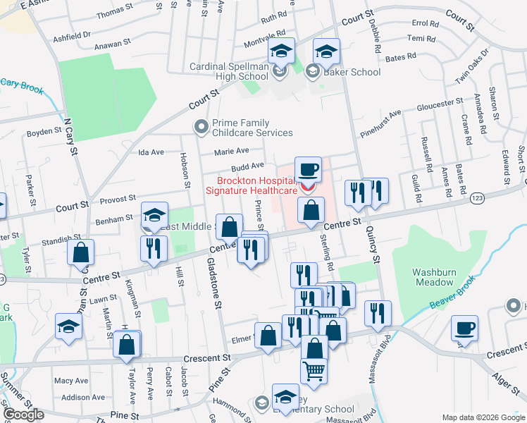 map of restaurants, bars, coffee shops, grocery stores, and more near 24 Adams Street in Brockton