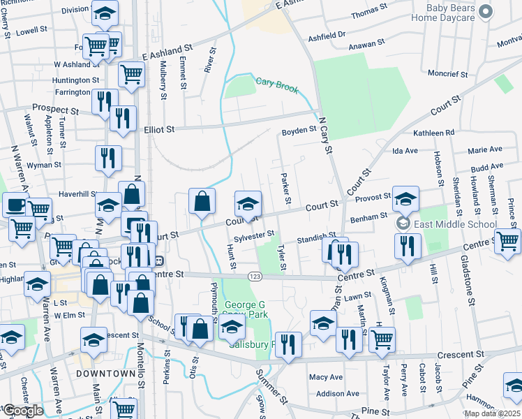 map of restaurants, bars, coffee shops, grocery stores, and more near 264 Court Street in Brockton