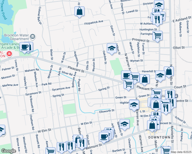 map of restaurants, bars, coffee shops, grocery stores, and more near 268 Pleasant Street in Brockton