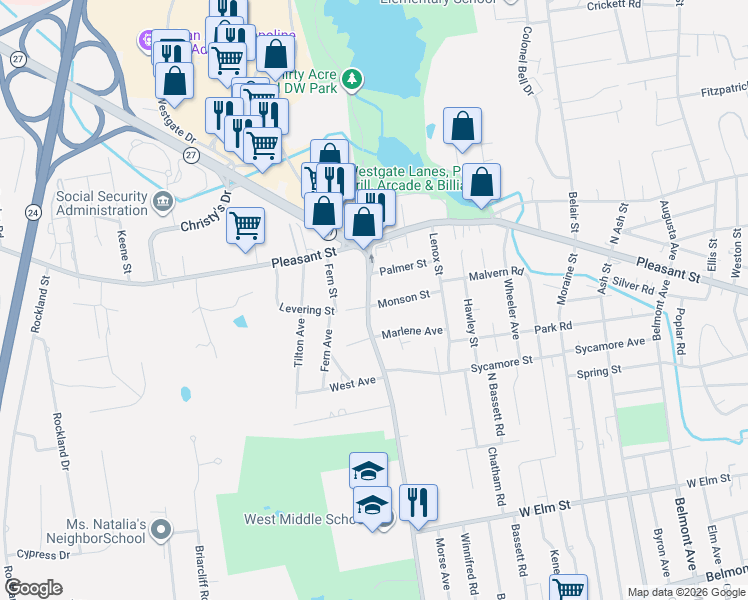 map of restaurants, bars, coffee shops, grocery stores, and more near 54 West Street in Brockton